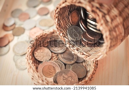 Close up of different coins money concept copy space . High quality photo
