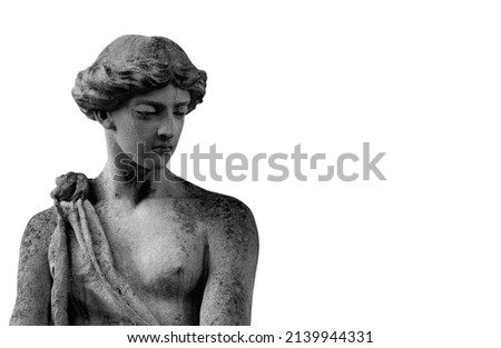 Olympic goddess of love Aphrodite (Venus). Fragment of ancient statue isolated on white background. Black and white image. Copy space.