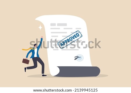 Document approved, business paperwork approval with rubber stamp and signature sign, request accept or legal certified document concept, happy businessman with document paperwork with approved stamp. Royalty-Free Stock Photo #2139945125