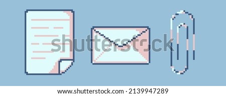 Vector set of pixel office colored stationery items on a blue background. 8 bit retro arcade game art style