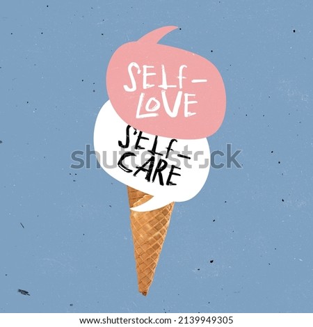 Contemporary art collage. Colorful ice cream with motivational text isolated over blue background. Self-love, self-care, self-acceptance. Concept of freedom, creativity, psychology. Conceptual image