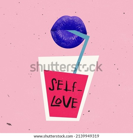 Contemporary art collage. Female lips in purple lipstick drining cocktail of self-love isolated over pink background. Freedom of choice. Conceptual image. Concept of self-love and care