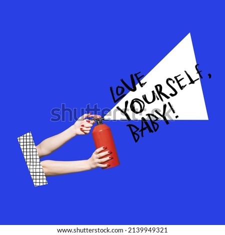 Contemporary art collage. Female hands opening fire extinguisher with motivational text isolated over blue background. Self-love, self-care, self-acceptance. Concept of freedom, creativity, psychology