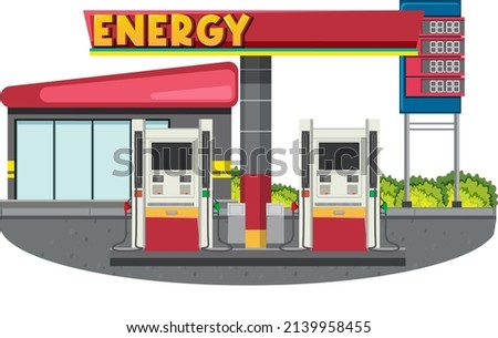 Gas station scene on white background illustration
