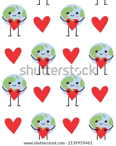 Vector seamless pattern of hand drawn flat planet Earth with face and heart isolated on white background