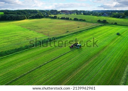 Cutting grass silage at field. Forage harvester on grass cutting for silage in field. Self-propelled Harvester on Hay making for cattle at farm. Tractor with trailer transports hay and grass silage.
 Royalty-Free Stock Photo #2139962961