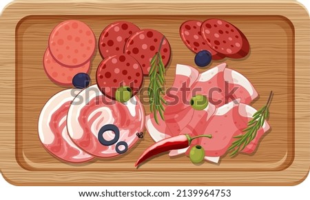 Top view of lunch meat on a wooden tray illustration