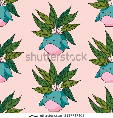 Seamless pattern with house plants in cute bird pots on a pink background. Vector image. Botanical ornament for fabric, clothing, wallpaper, wrapping paper, stationery. 