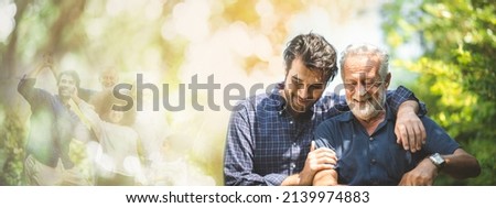 senior father with adult son in family concept banner background with copy space, elderly old man person are happy and enjoy with hipster son together by walking outdoor in nature Royalty-Free Stock Photo #2139974883