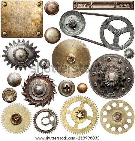 Screw heads, gears, textures and other metal details. Royalty-Free Stock Photo #213998035