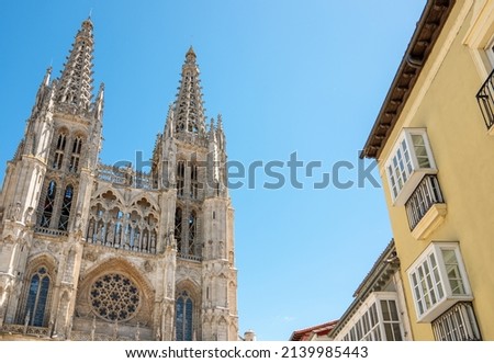 Spain, Burgos, a traditional palace with the facade of  the Cathedral of Saint Mary in the background