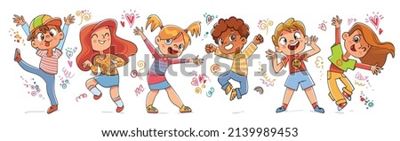 Jumping, grimacing and dancing children. Colorful cartoon characters. Funny vector illustration. Isolated on white background. Seamless panorama. Set
