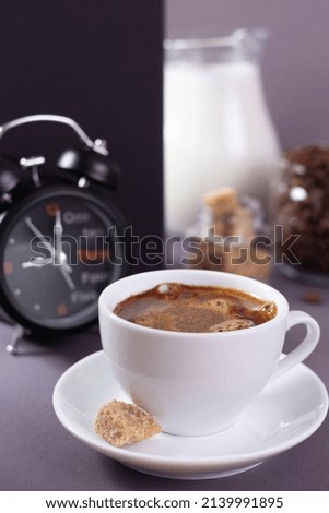 Cup of coffee at table. Coffee and break relax concept. Food and drink minimalism concept style