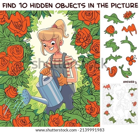 Girl in the garden watering roses from a watering can. Gardener in the garden. Find 10 hidden objects in the picture. Puzzle Hidden Items. Funny cartoon character. Vector illustration. Set Royalty-Free Stock Photo #2139991983