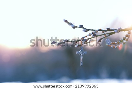 christianity rosary cross and willow branches against blurred natural background. Easter holiday, Orthodox palm Sunday. Symbol of Christianity, Lent, Faith in God, Church holiday. copy space Royalty-Free Stock Photo #2139992363