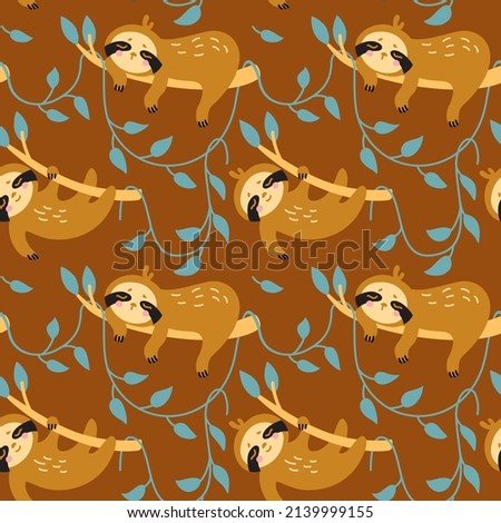 Cute sloth sleeping on tree branches.   Seamless pattern for kid products.