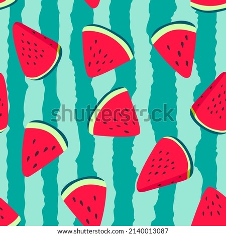 Vector watermelons hand drawn seamless pattern. Cute summer fresh fruits print. Watermelon red slices with seeds repeat texture on green striped background for wallpaper, fabric design, textile, decor Royalty-Free Stock Photo #2140013087