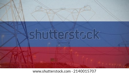 Image of flag of russia over electricity pole and traffic at sunset. ukraine crisis and international politics concept digitally generated image.
