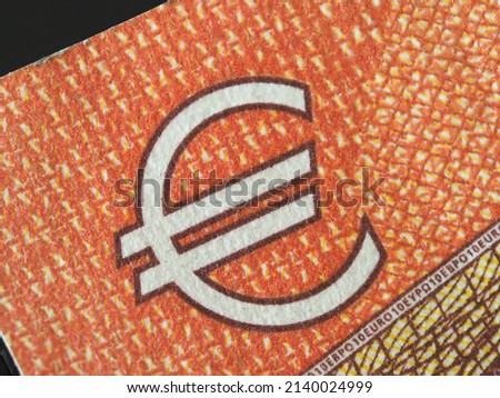 Ten Euro Banknote E (euro) letter symbol. Macro photography.