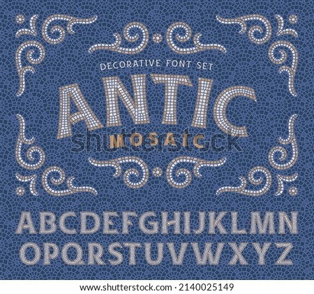 Antic Mosaic vector font set with decorative ornate and seamless pattern Royalty-Free Stock Photo #2140025149