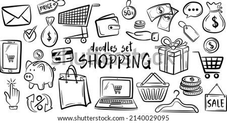 Shopping retail sale and discount doodle set isolated vector illustration isolated on white background
