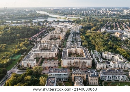 Drone aerial photo of modern residential buildings in Siekierki area of Warsaw, Poland