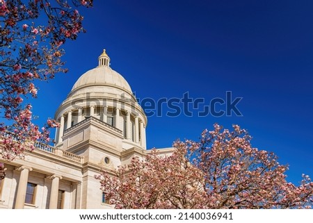 Sunny view of the State Capitol building with Magnolia blossom at Arkansas