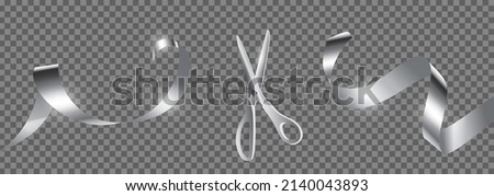 Metal scissors cut silver ribbon realistic illustration. Grand opening ceremony symbols, 3d accessories on transparent background. Traditional ritual before launching new business, campaign.