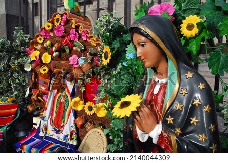Statue of Our Lady of Guadalupe, Virgin of Guadalupe, Mexican altar on Corpus Christi Thursday in the Zocalo of Mexico City Royalty-Free Stock Photo #2140044309