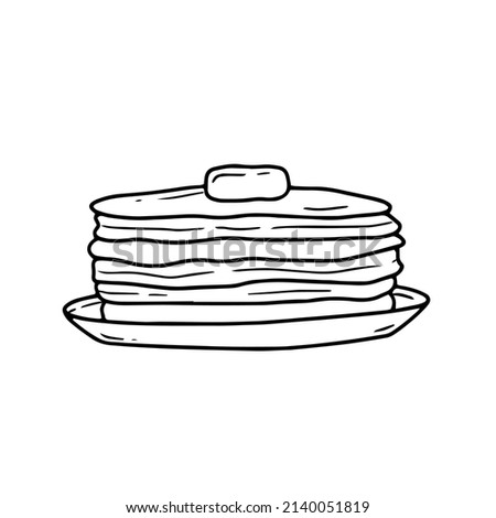 A stack of pancakes with butter in a simple linear doodle style. Vector isolated food illustration.