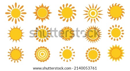 Cartoon sun icon. Cute morning sunshine rays, spring and summer simple sun clip art. Vector set