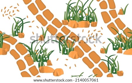Seamless pattern with garden paths,meadow grass and stones in cartoon.Summer background and texture for printing on fabrics and paper.Hand drawn vector illustration for design cards,posters,cover.