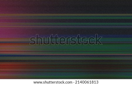 Intentional distortion, noise and scanlines: the blank screen of an old VHS player connected to a tv, cyan yellow color zones. Bad signal, damaged tape. Royalty-Free Stock Photo #2140061813