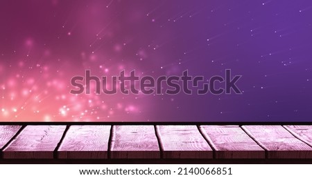 Image of lights over violet background with wooden surface. backgrounds, textures and layouts concept digitally generated image. Royalty-Free Stock Photo #2140066851