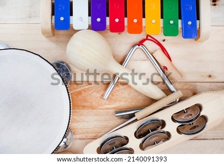 Wooden percussion instruments and colorful xylophone with high angle view and copy space Royalty-Free Stock Photo #2140091393
