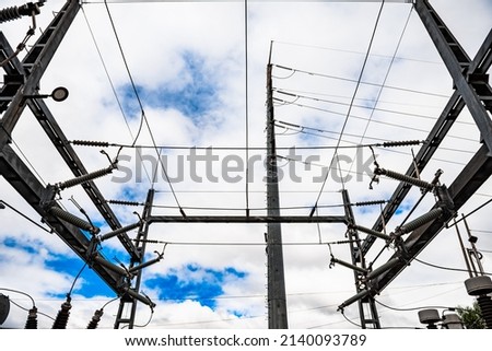 Electrical substation maintenance, workers, details, power lines