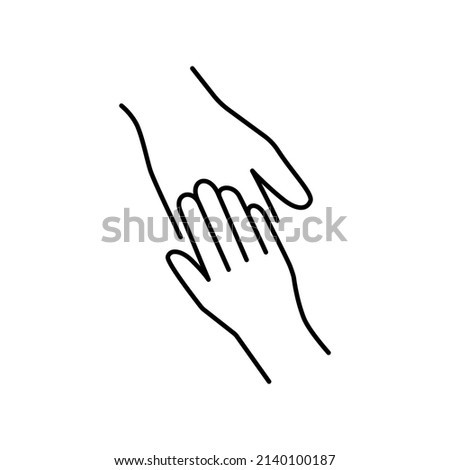 Helping hand, charity, solidarity linear icon. Symbol of interaction, helping children, volunteer. Design element for logo. Black vector outline icon.