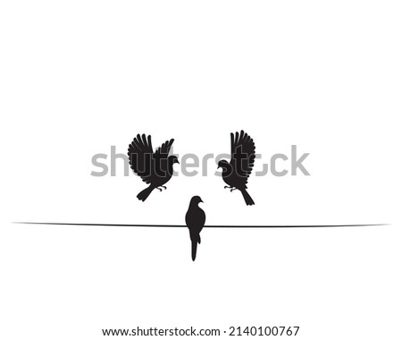 Flying birds silhouettes on wire isolated on white background, vector. Birds illustration, art design