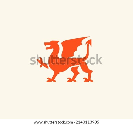 Medieval red dragon logo. Dragon with wings red silhouette. Vector illustration Royalty-Free Stock Photo #2140113905