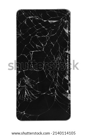 Smartphone with broken display isolated on white background.