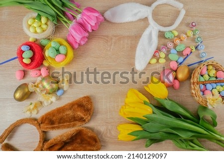 Easter background. Happy Easter Bunnies. happy easter banner. Tulips. Easter. Banner. copy space