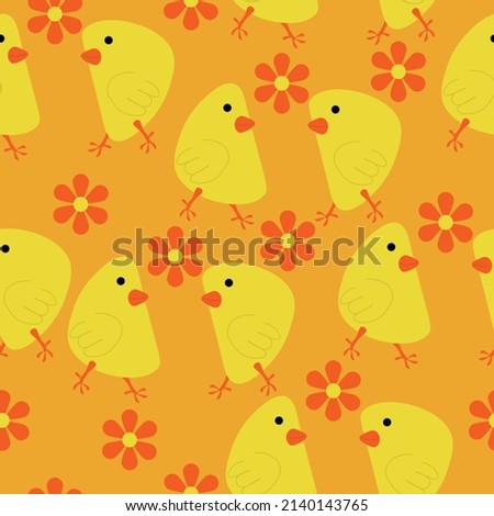 Easter chicks seamless pattern, flowers and birds on orange background vector illustration