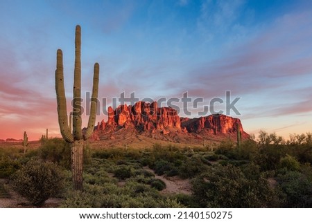 The Superstition Mountains at sunset in Lost Dutchman State Park, Arizona Royalty-Free Stock Photo #2140150275