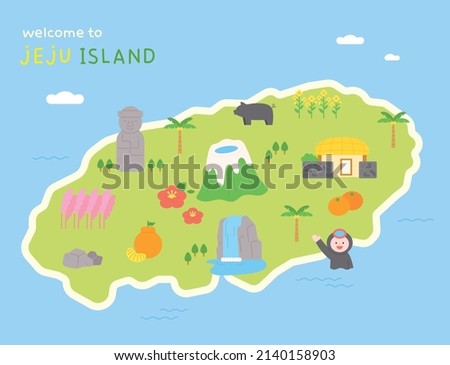 Jeju Island map and iconic icons. flat design style vector illustration. Royalty-Free Stock Photo #2140158903