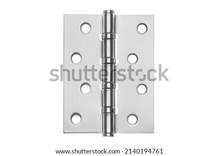 Door hinges made of metal on a white isolated background. Hinges for doors of a room, apartment, office, warehouse and other premises. Fastening for doors on the frame and on the wall. Royalty-Free Stock Photo #2140194761