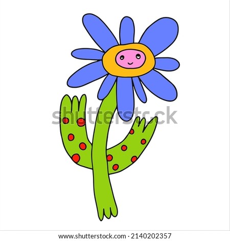 vector character - a blue flower with a face. Psychedelic kid core 70s and 80s. Logo for an organic company, florist, garden, farm. Tattoo template. Quirky isolated cornflower logotype sticker
