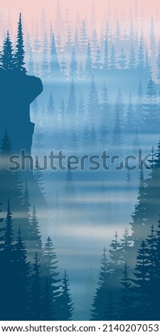 Mountain gorge, canyon. Coniferous forest in the morning fog, vertical banner.