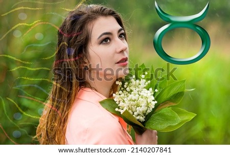 Spring portrait of a woman with flowers and zodiac sign Taurus,astrology
