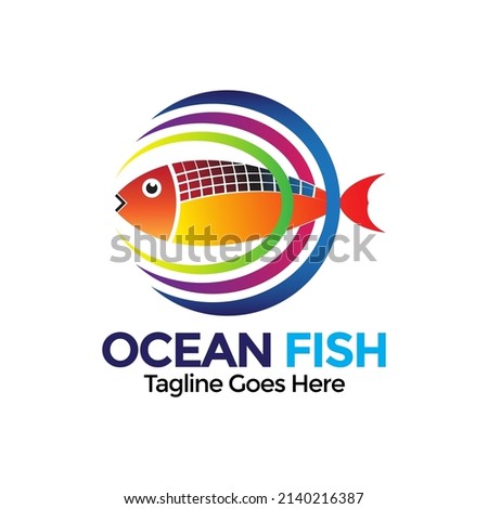 Ocean Fish Icon. Fresh fish logo with wave water