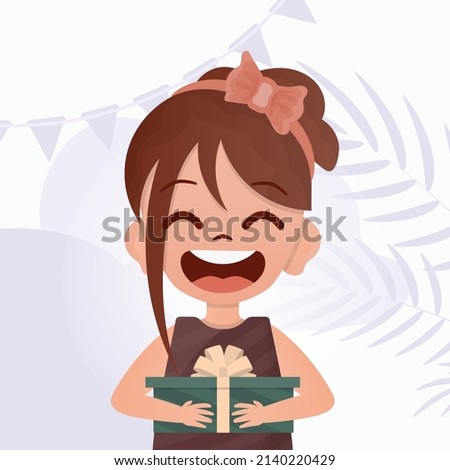 The child received a gift. Joyful girls holds a gift box with a bow in her hands. Vector illustration.